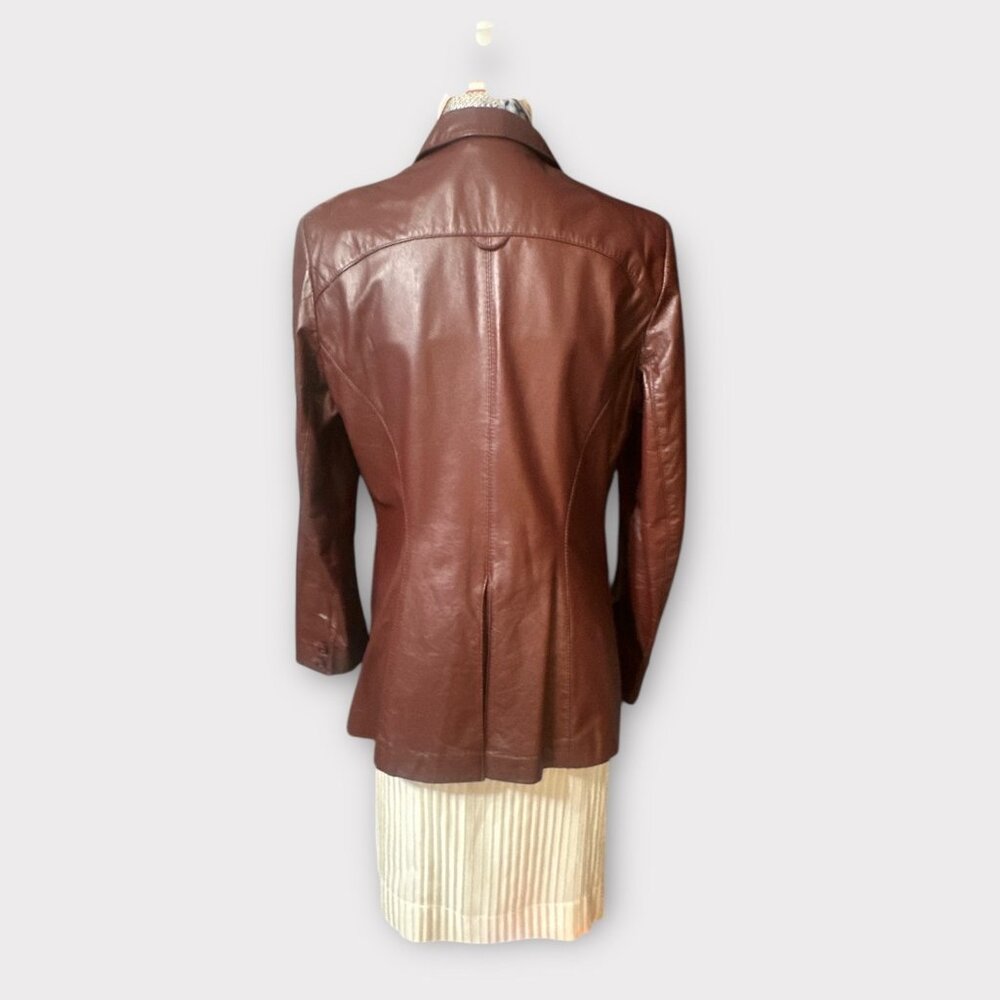 VTG Etienne Aigner Blazer Women M-L Oxblood Leather Notch Collar Jacket 1980s - Picture 3 of 12